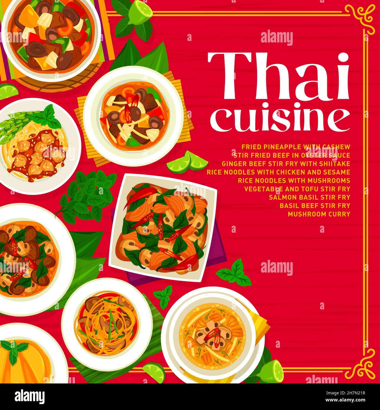 Thai cuisine menu cover template. Stir fried beef in oyster sauce and