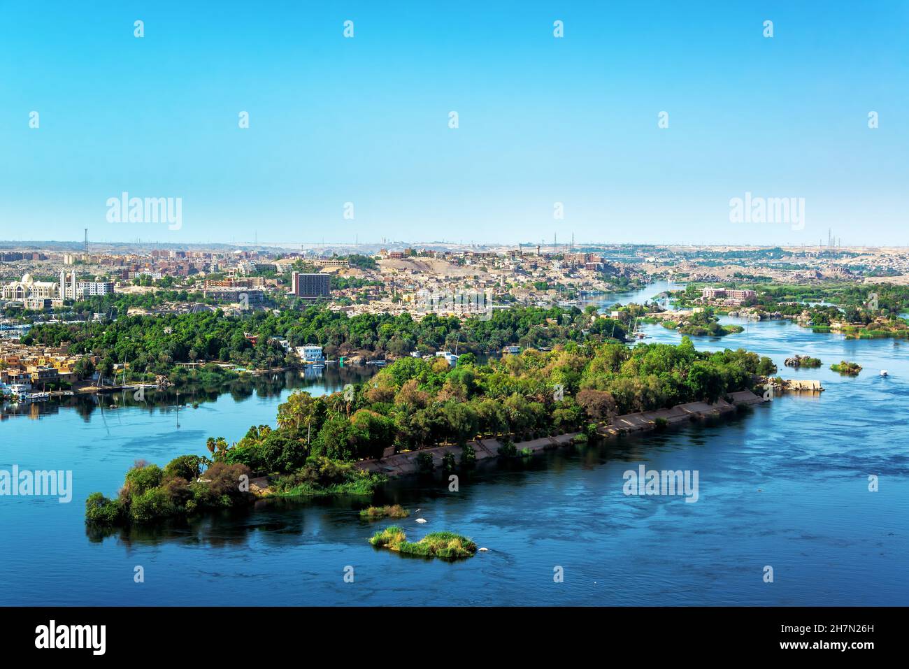Stunning view of the Nile River with Aswan, Egypt in the background Stock Photo