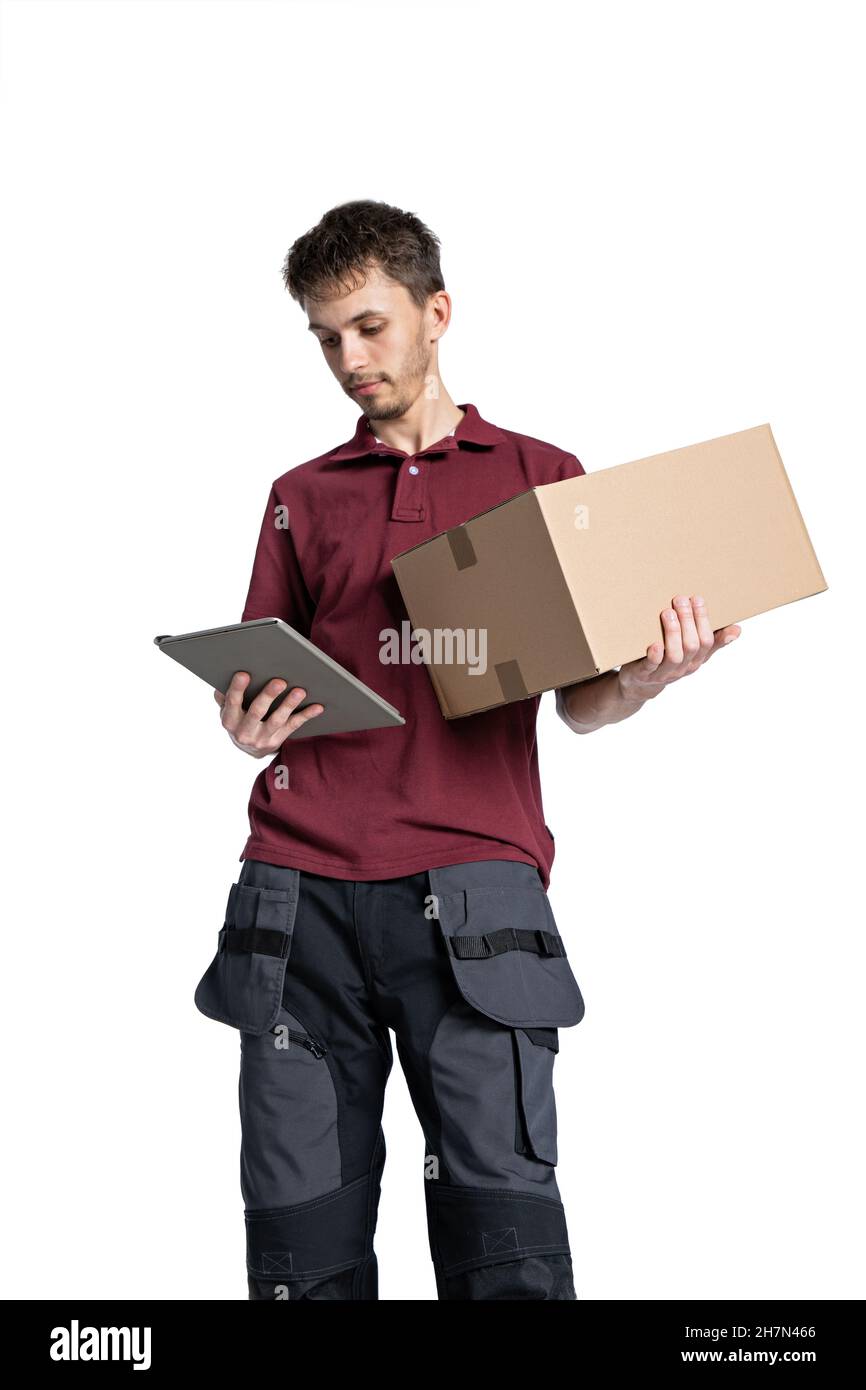 courier delivering parcels on a white background Stock Photo