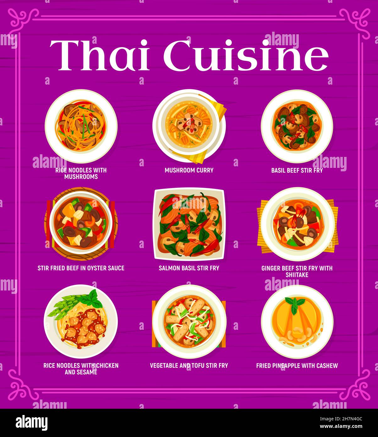 Thai cuisine restaurant menu page. Noodles with mushrooms, chicken and