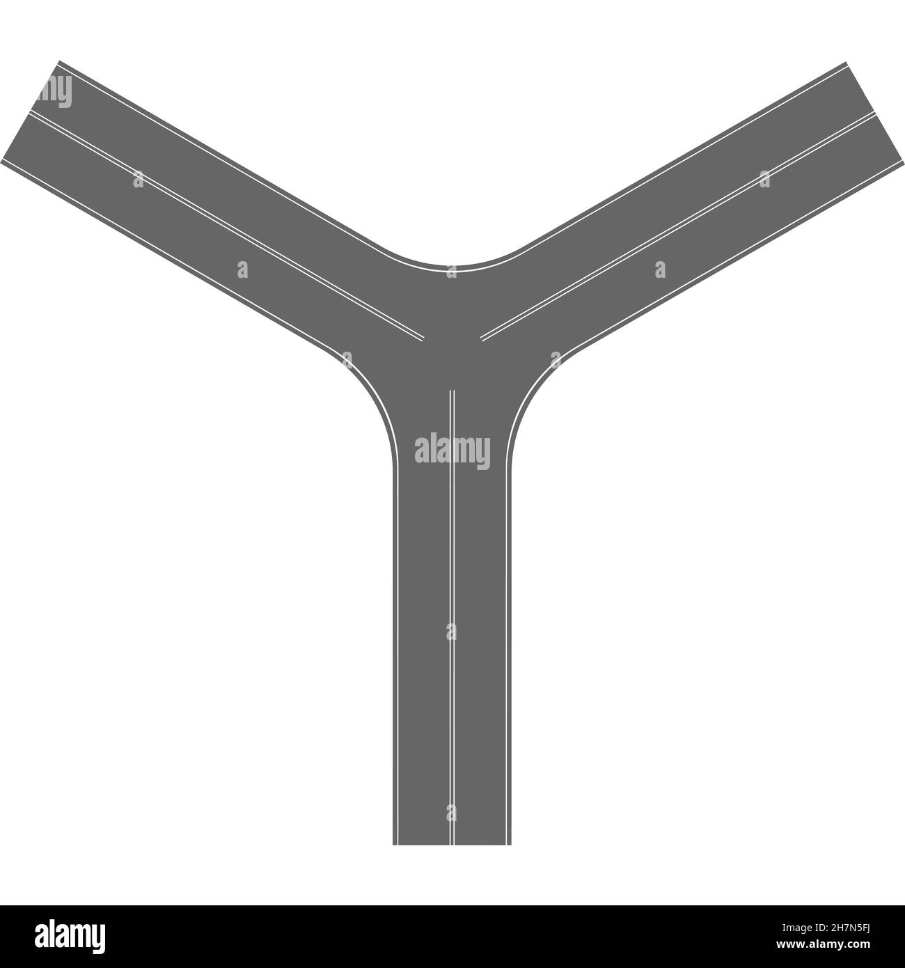 Three way Y road junction aerial view. Highway part with marking. Roadway element for city map isolated on white background. Vector flat illustration. Stock Vector