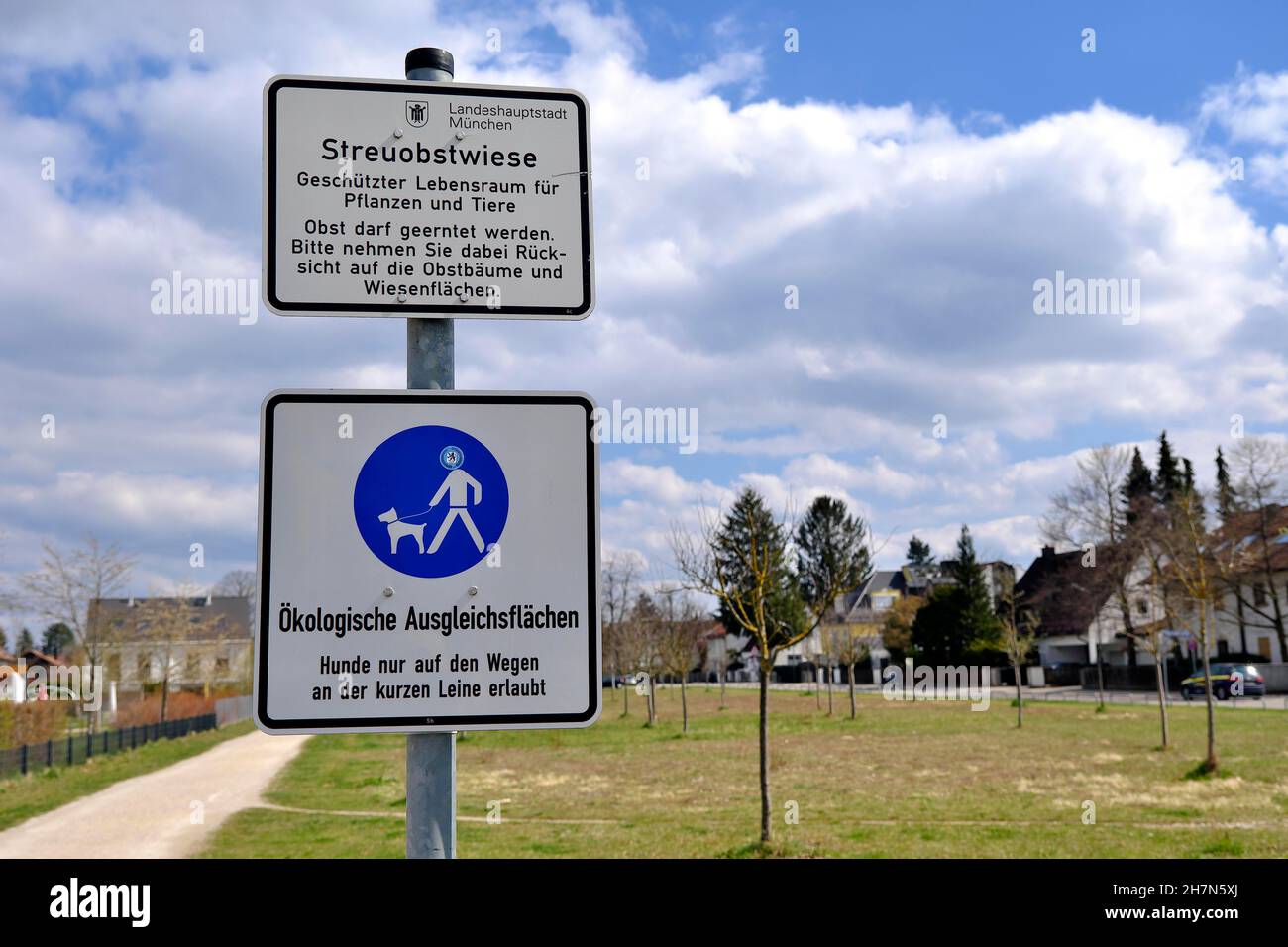 Sign, meadow orchard, ecological compensation area, Munich, Bavaria, Germany Stock Photo