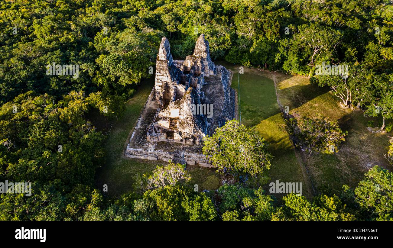 Aerial of the Maya ruins of Xpujil, Campeche, Mexico Stock Photo