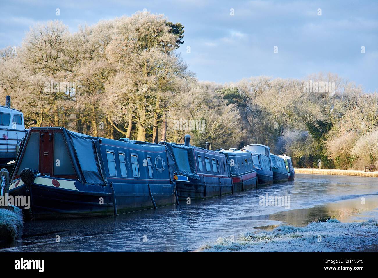 Narrowboats covered in frost on a partially frozen section of the Shropshire Union canal in Nantwich, Cheshire, England. Frosty trees behind Stock Photo