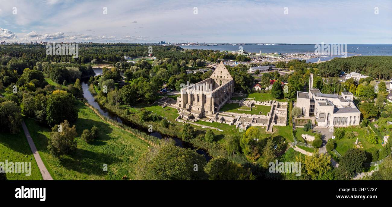 Pirita Monastery Ruins (Pirita kloostri varemed), behind Pirita Marina and Gulf of Finland, aerial view, Tallinn, Estonia Stock Photo