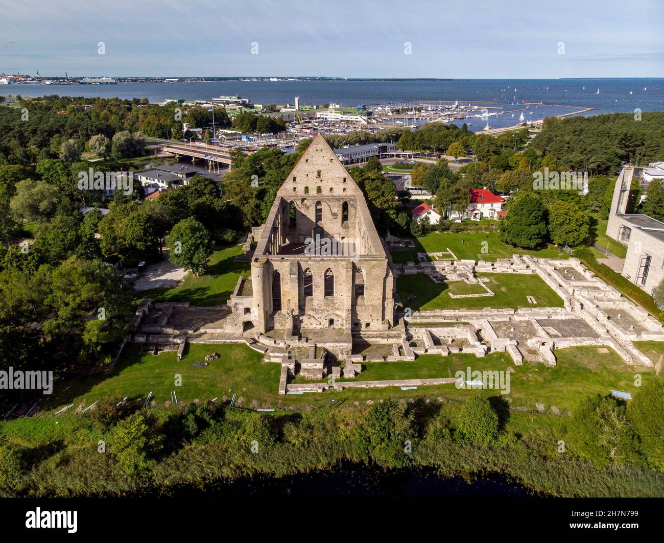 Pirita Monastery Ruins (Pirita kloostri varemed), behind Pirita Marina and Gulf of Finland, aerial view, Tallinn, Estonia Stock Photo