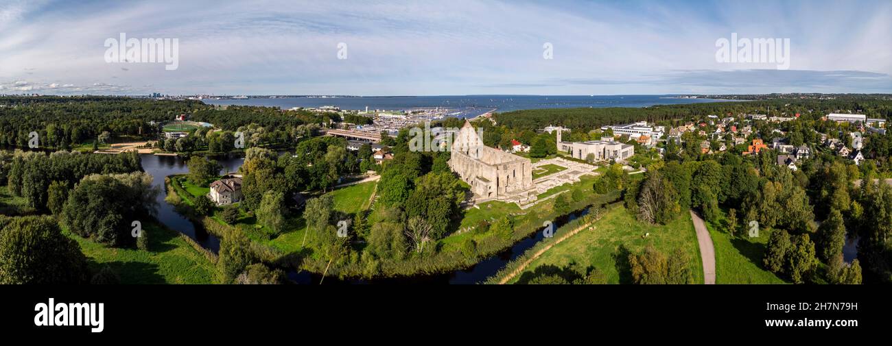 Pirita Monastery Ruins (Pirita kloostri varemed), behind Pirita Marina and Gulf of Finland, aerial view, Tallinn, Estonia Stock Photo