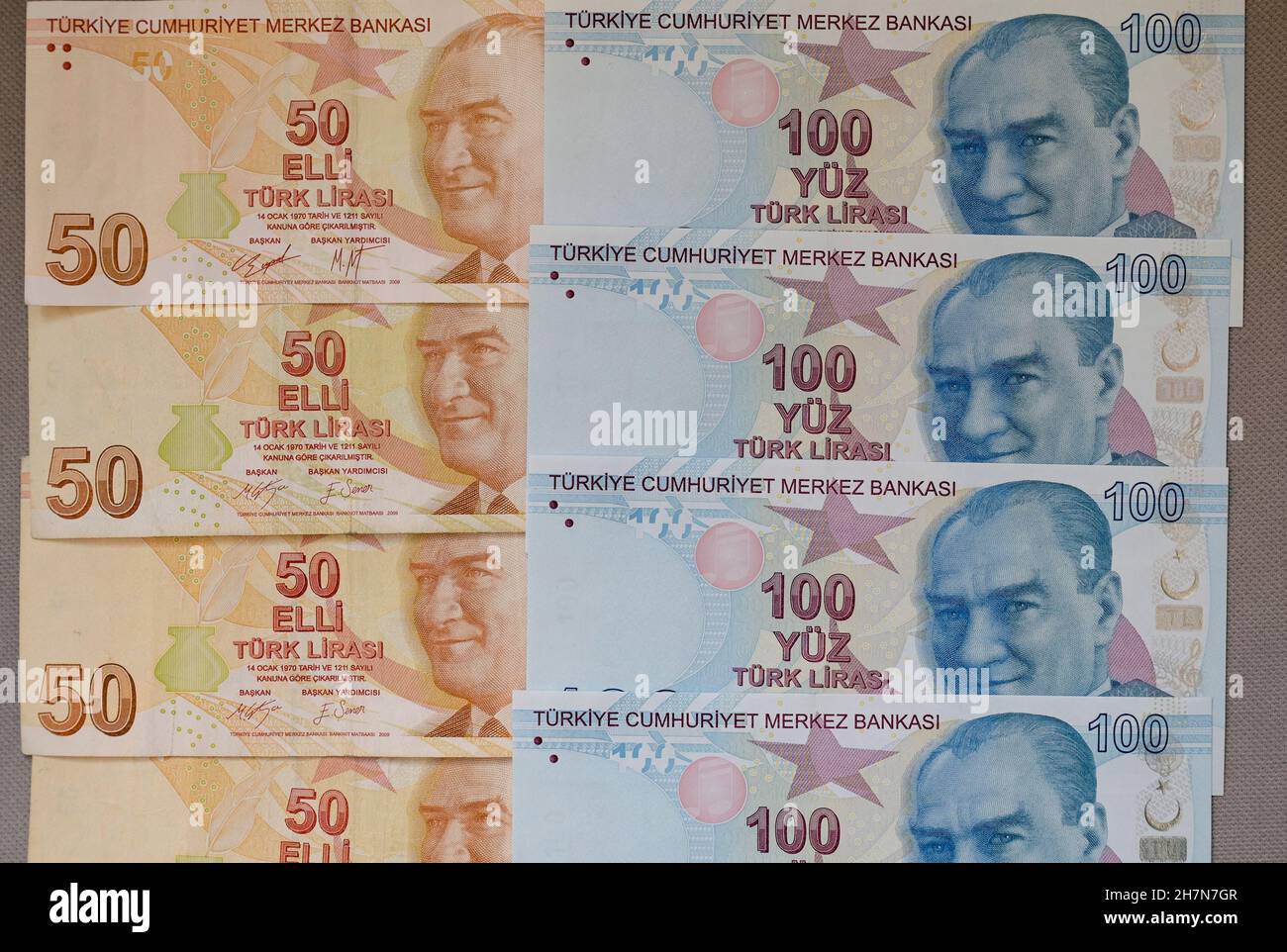 TURKEY, Istanbul, banknotes turkish Lira / TÜRKEI, Istanbul, 50er und 100er Banknoten türkische Lira mit Bild von Mustafa Kemal Atatürk Stock Photo