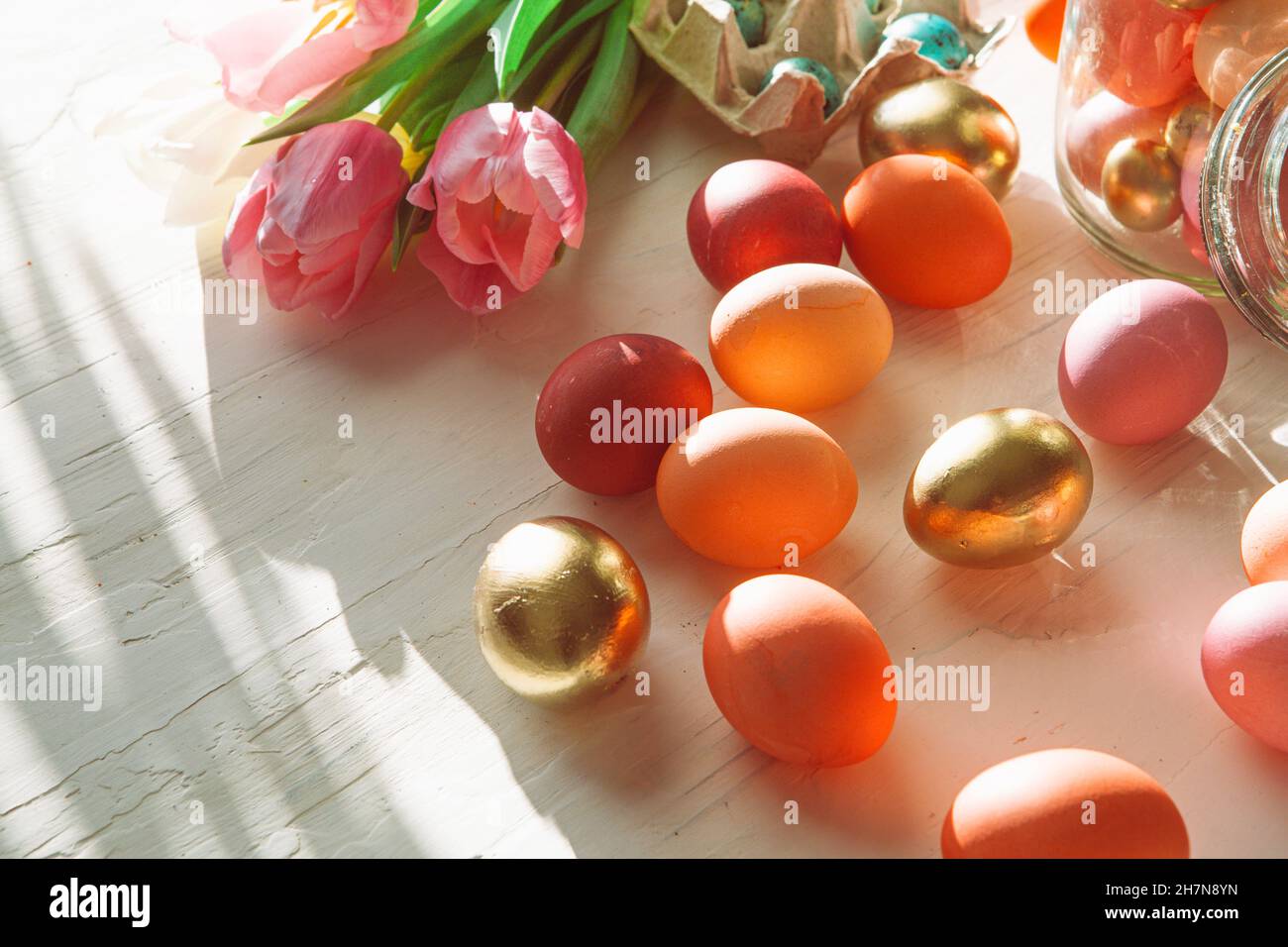 Painted Easter eggs in an eggbox with fresh tulips close up Stock Photo ...