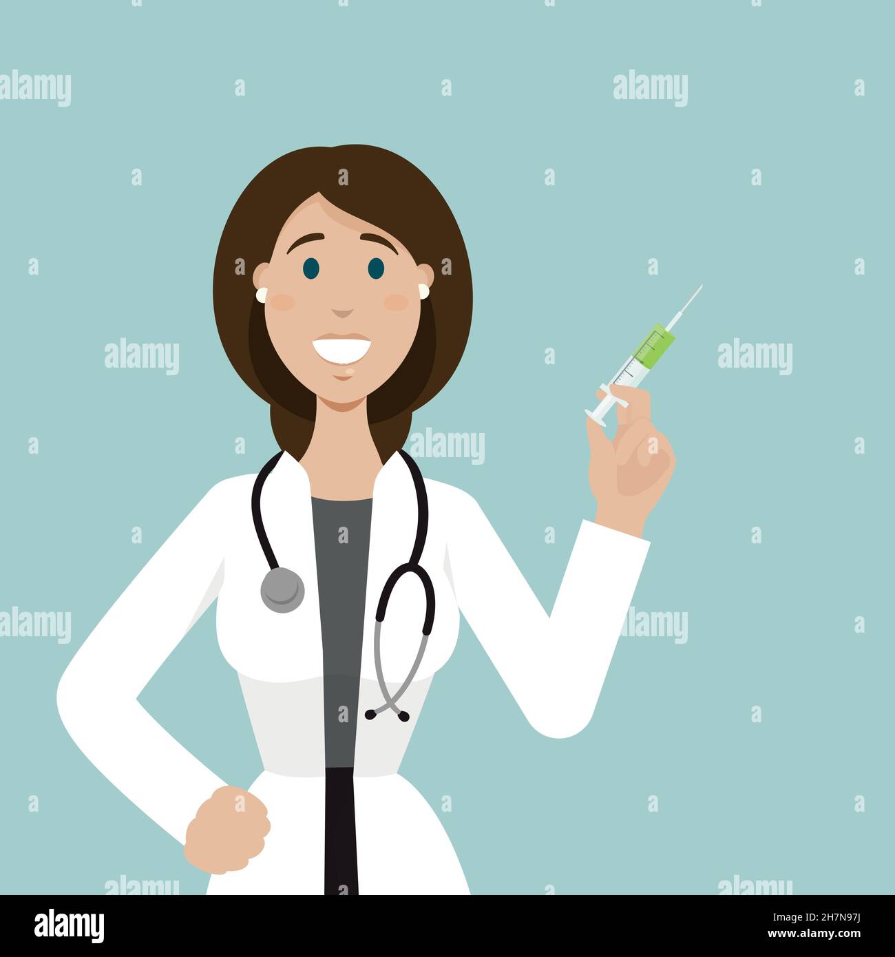 A female doctor stands and holds a syringe of vaccine. Corona virus vaccination time.  Modern vector illustration in flat style. Stock Vector