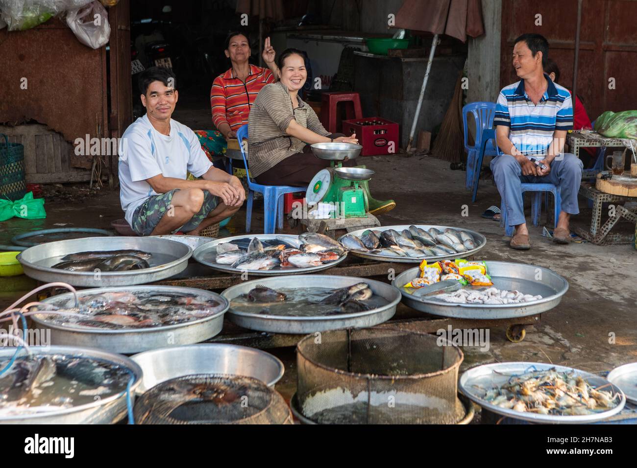 Can tho, Vietnam-April 5, 2018:Vietnamese family sell fish and meat  in the streets of Can Tho, Stock Photo