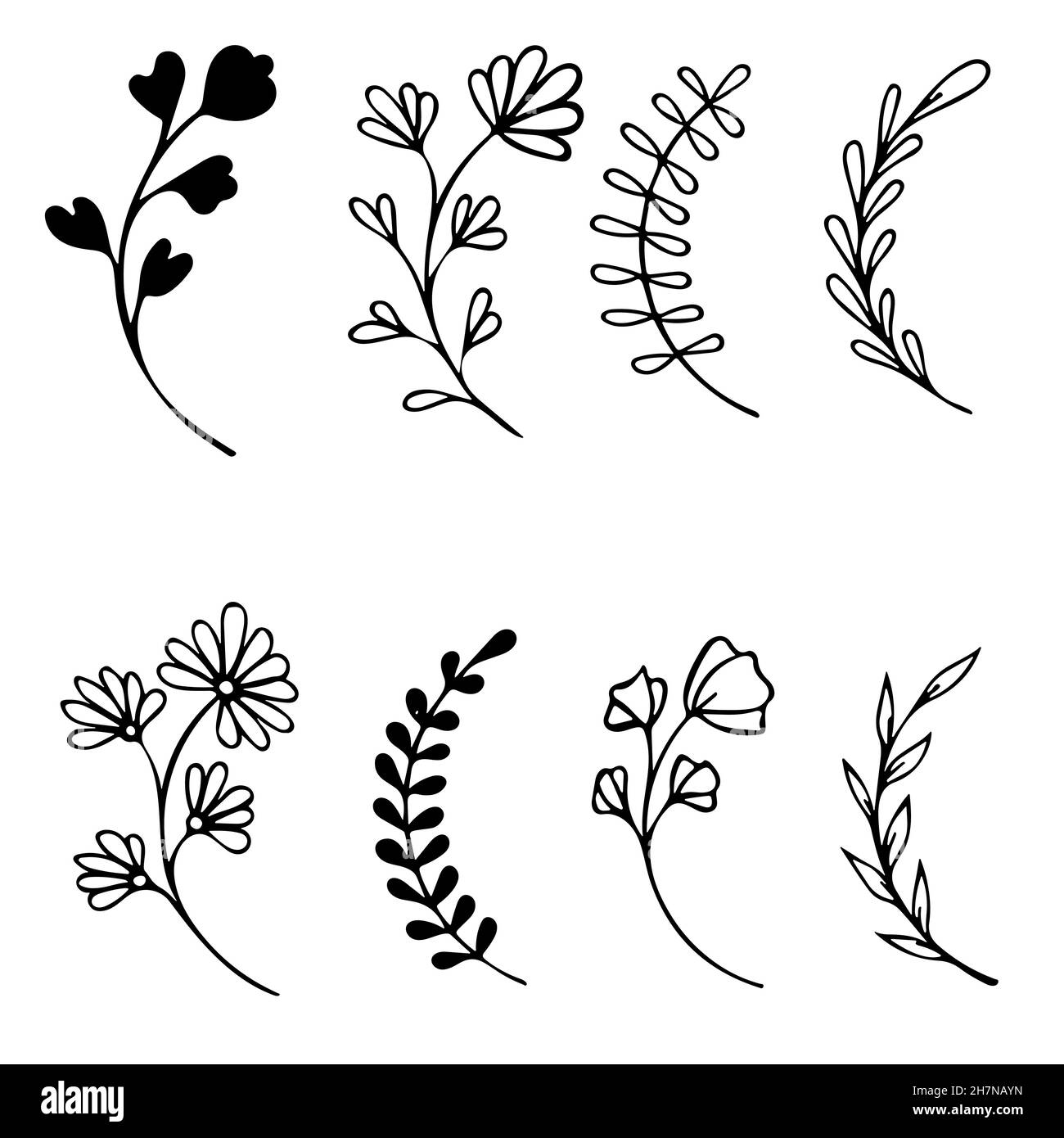 Set of hand drawn doodle tree branches with leaves on white background ...