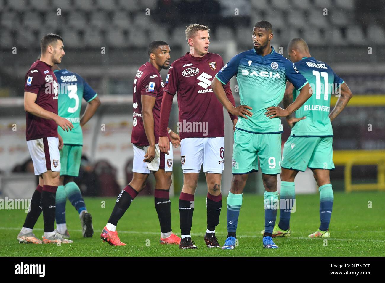 Torino, Italy. 22nd, November 2021. Beto (9) of Udinese and David Zima (6) of Torino seen in the Serie A match between Torino and Udinese at Stadio Olimpico in Torino. (Photo credit: Gonzales Photo - Tommaso Fimiano). Stock Photo