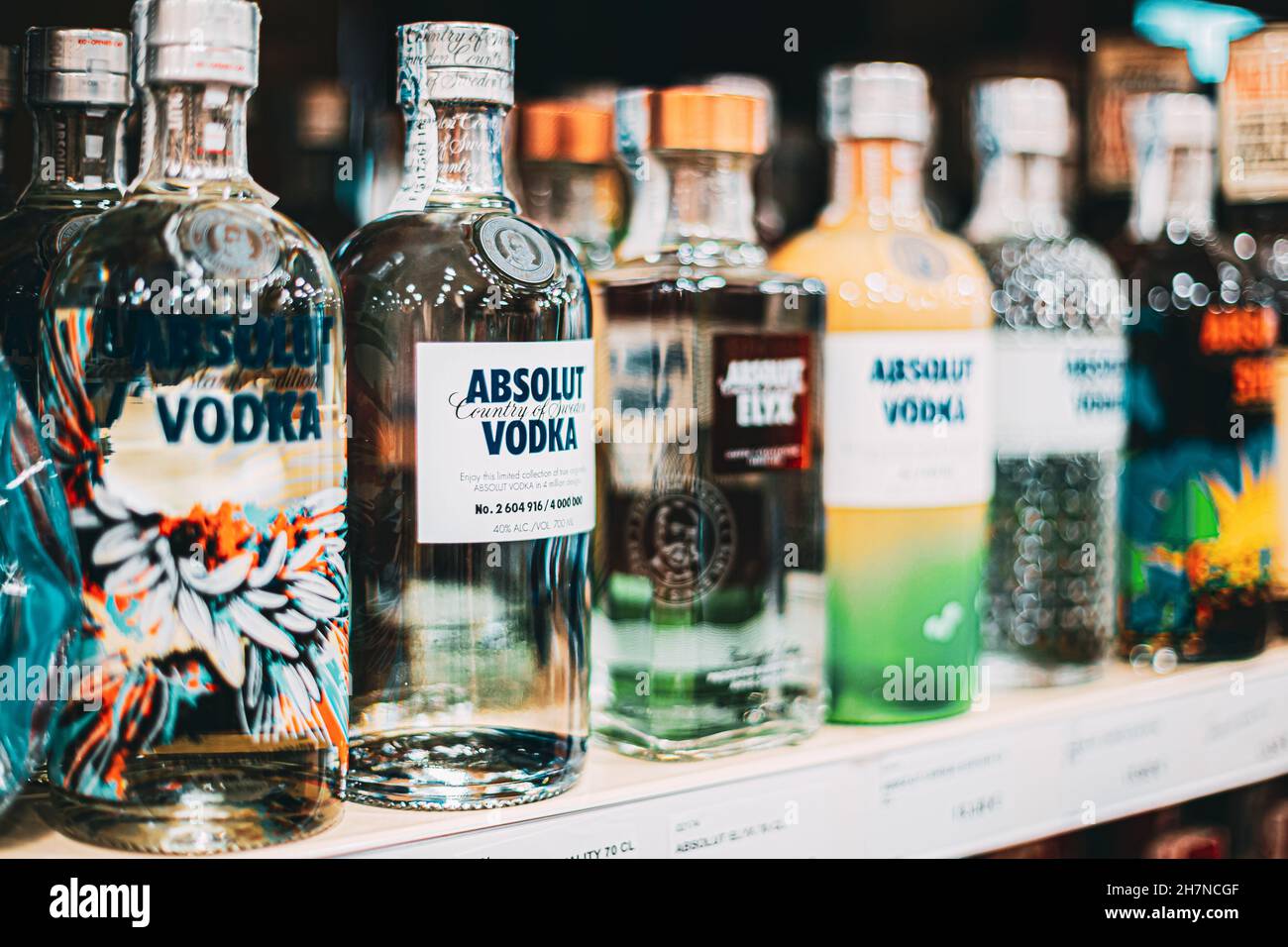 Nerja, Spain - June 20, 2015: Vodka Bottles On Shop Shelves. Vodka Absolut  Bottles In Alcoholic Trade Shop Assortment. Many Drinks On Showcase In  Stock Photo - Alamy