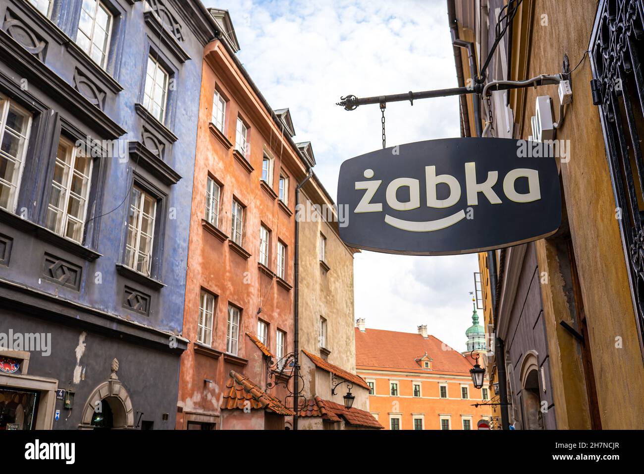 Zabka chain grocery store dark logo sign in Old Town of Warsaw. Warsaw, Poland - October 8, 2021. Stock Photo