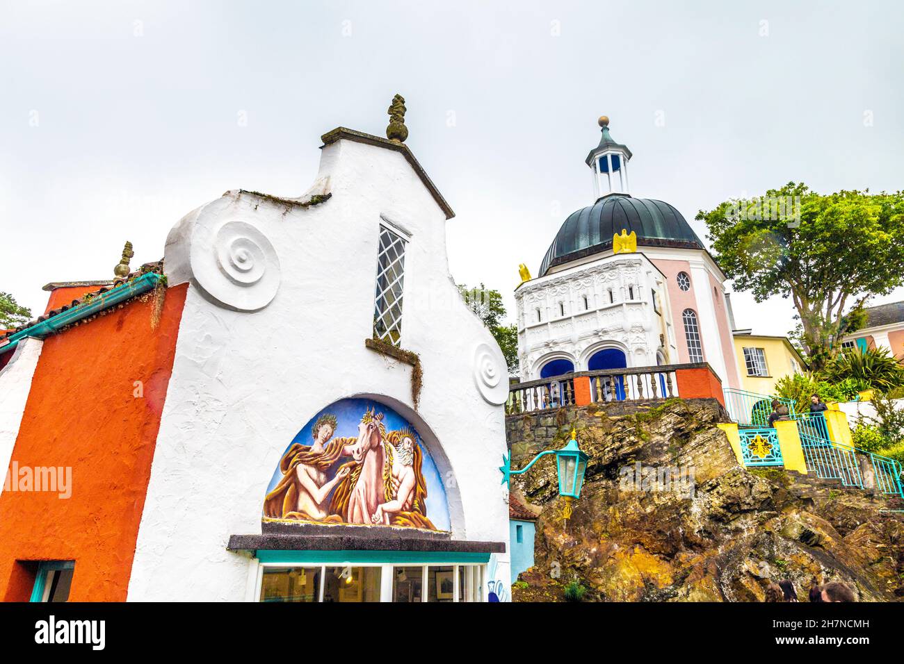 Colourful buildings at Mediterranean style town Portmeirion, Snowdonia National Park, Wales, UK Stock Photo
