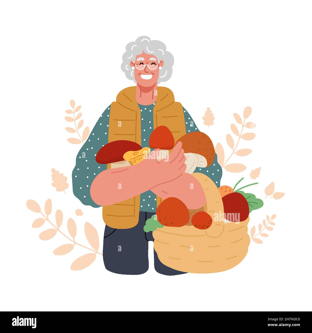 Mushrooms picking,hunting concept,finding fungus in the forest,active seniors.A old woman stands with a basket, holding mushrooms harvested in the fal Stock Vector