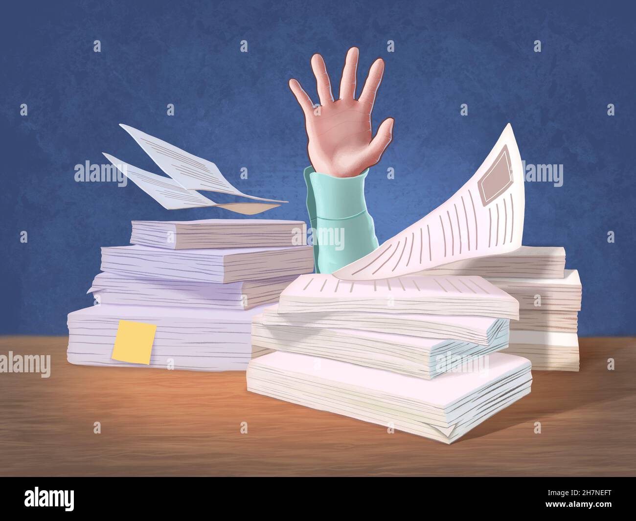Raised hand asking for help between piles of documents. Digital illustration. Stock Photo