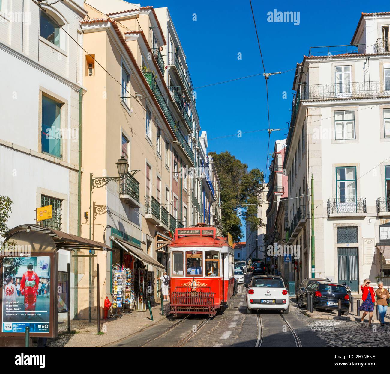 Lisbon, Portugal. Tourist tram in Rua Augusto Rosa in the Alfama district. Stock Photo
