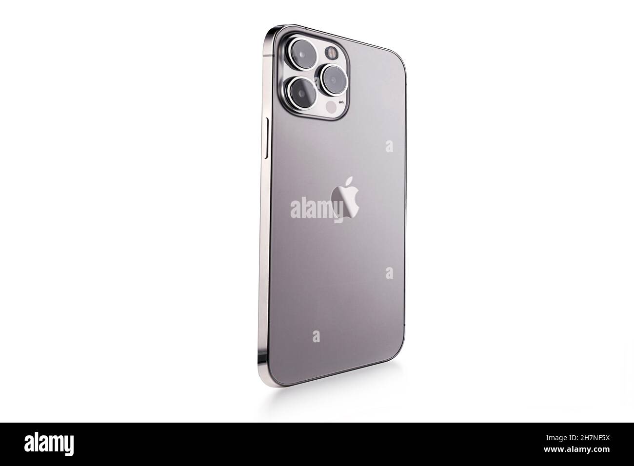 the new Iphone 13 promax with a system of three new cameras for photo and video shooting, the color gray space, a new smartphone from Apple close-up o Stock Photo