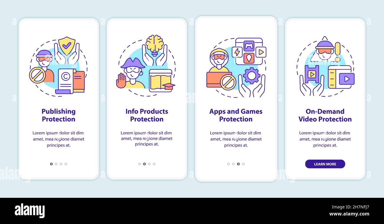 Content to protect from piracy onboarding mobile app page screen Stock Vector