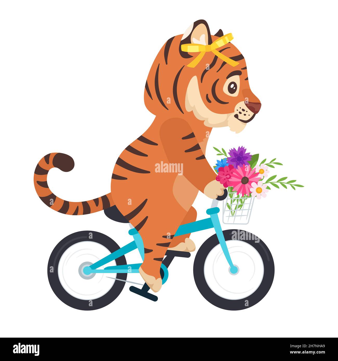 Vector cute cartoon tiger riding a bicycle Stock Vector