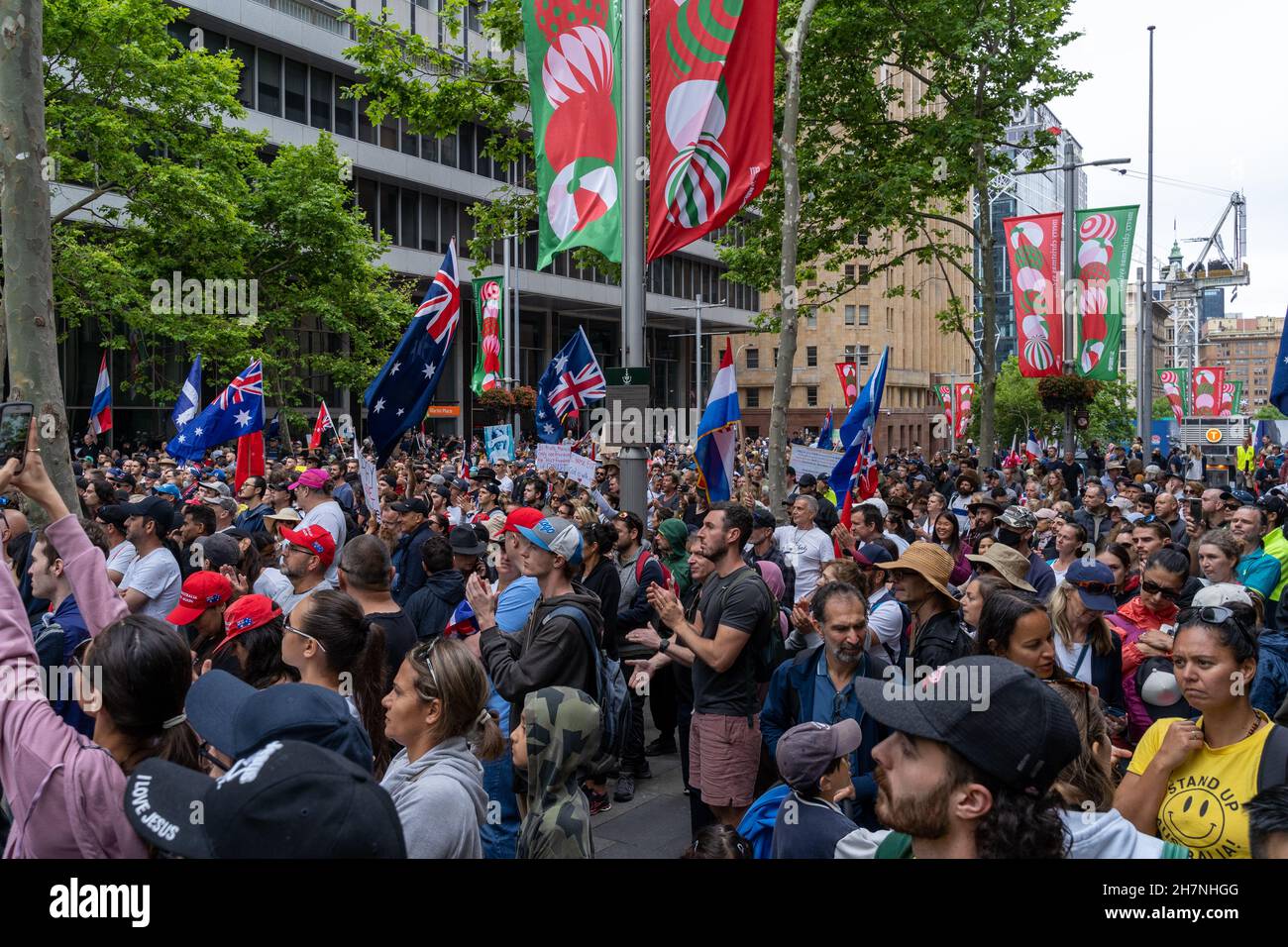 Protesting crowd against vaccine mandates, lockdown, restrictions in Martin Place in Sydney Australia on 20 Nov 2021. Hundreds of people at protest. Stock Photo