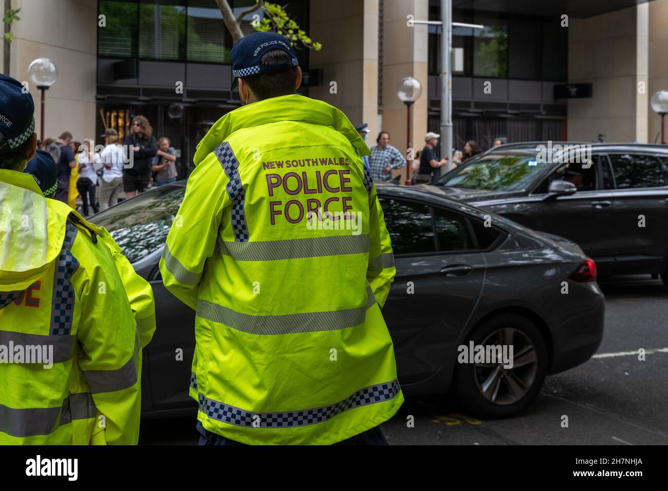 Police Force personnel in hi-vis. Cops manning the streets part of the freedom rally protest against vaccine mandates, restrictions and lockdowns Stock Photo