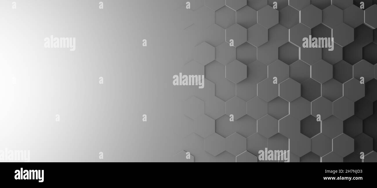 Abstract gradient background with dark grey monochrome 3D hexagons or honeycombs, flat lay view from directly above with copy space Stock Photo