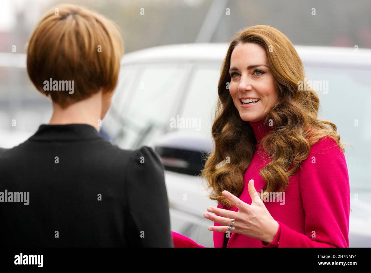 The Duchess of Cambridge (right) speaking to Dr. Elizabeth Rapa, Senior Researcher from the University of Oxford, during a visit to Nower Hill High School in Harrow, north London, to join a science lesson studying neuroscience and the importance of early childhood development. Picture date: Wednesday November 24, 2021. Stock Photo