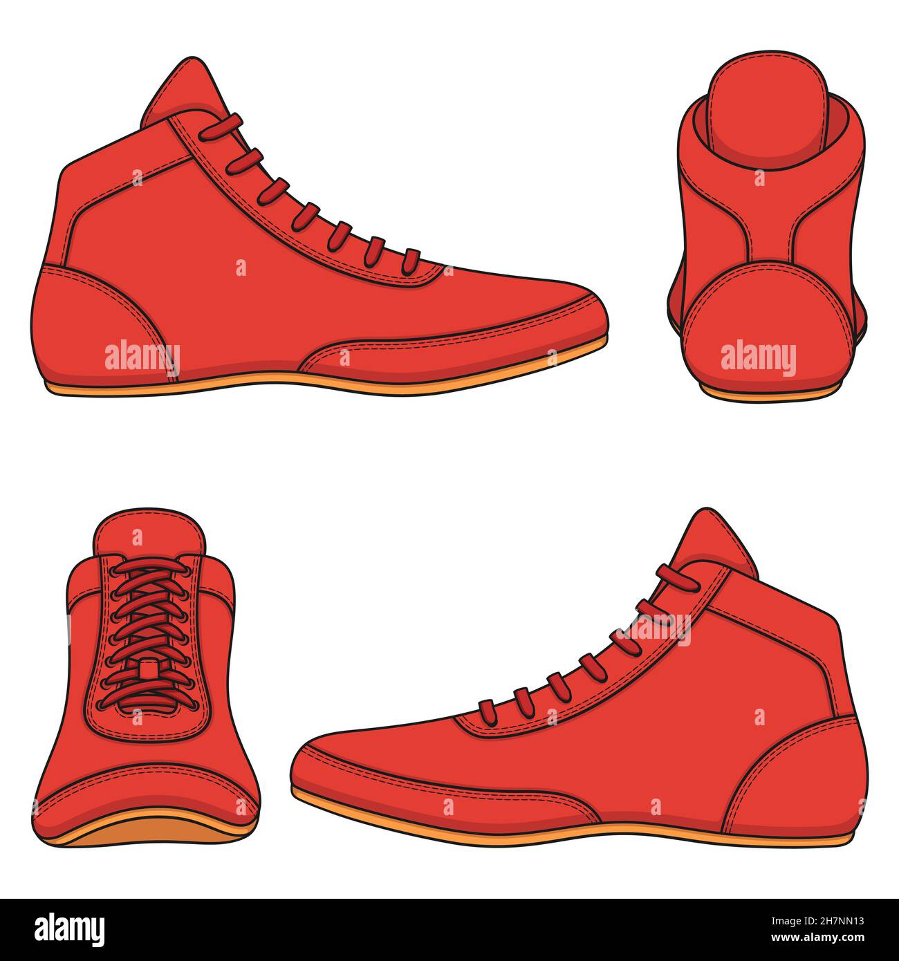 Set of color illustrations with red wrestling shoes, sports shoes. Isolated vector objects. Stock Vector