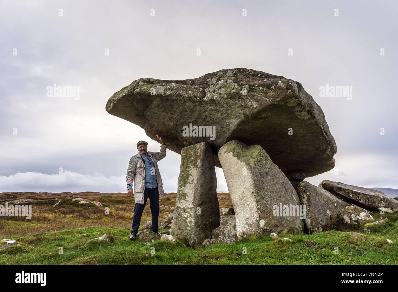 The Kilclooney Dolmen  fine portal-tomb or dolmen, prominent on the skyline north-west of Ardara in County Donegal, Ireland. 3500 years old. Stock Photo
