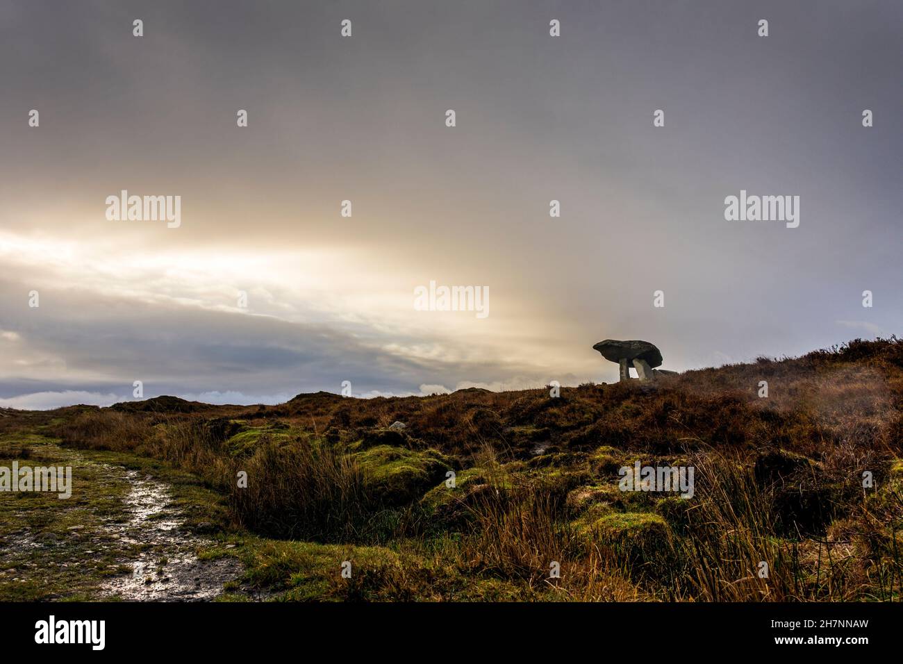 The Kilclooney Dolmen  fine portal-tome or dolmen, prominent on the skyline north-west of Ardara in County Donegal, Ireland. 3500 years old. Stock Photo