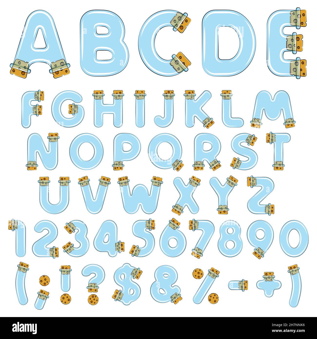 Alphabet, letters, numbers and symbols from vials, tubes with corks