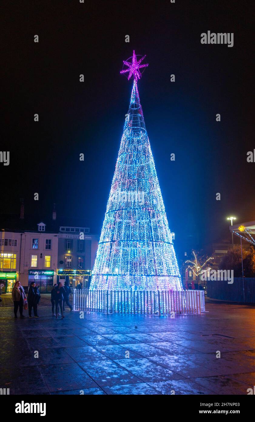 Lighted Christmas tree in Williamson Square in Liverpool City Centre Stock Photo
