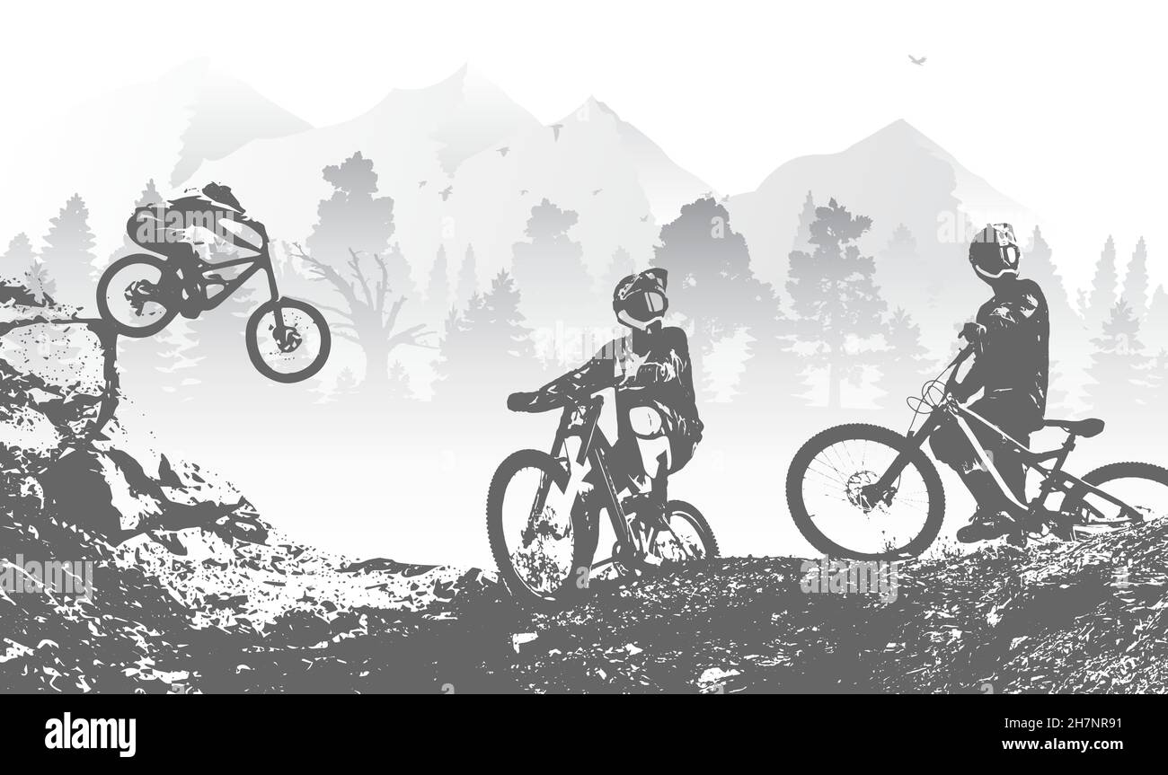 Downhill mountai biking freeride and enduro illustration. Bicycle  background with silhouette of downhill riders in mountain Stock Vector  Image \u0026 Art - Alamy