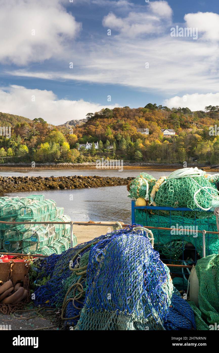Colourful fishing nets on the Gairloch harbour side, North West Scotland, UK. Stock Photo