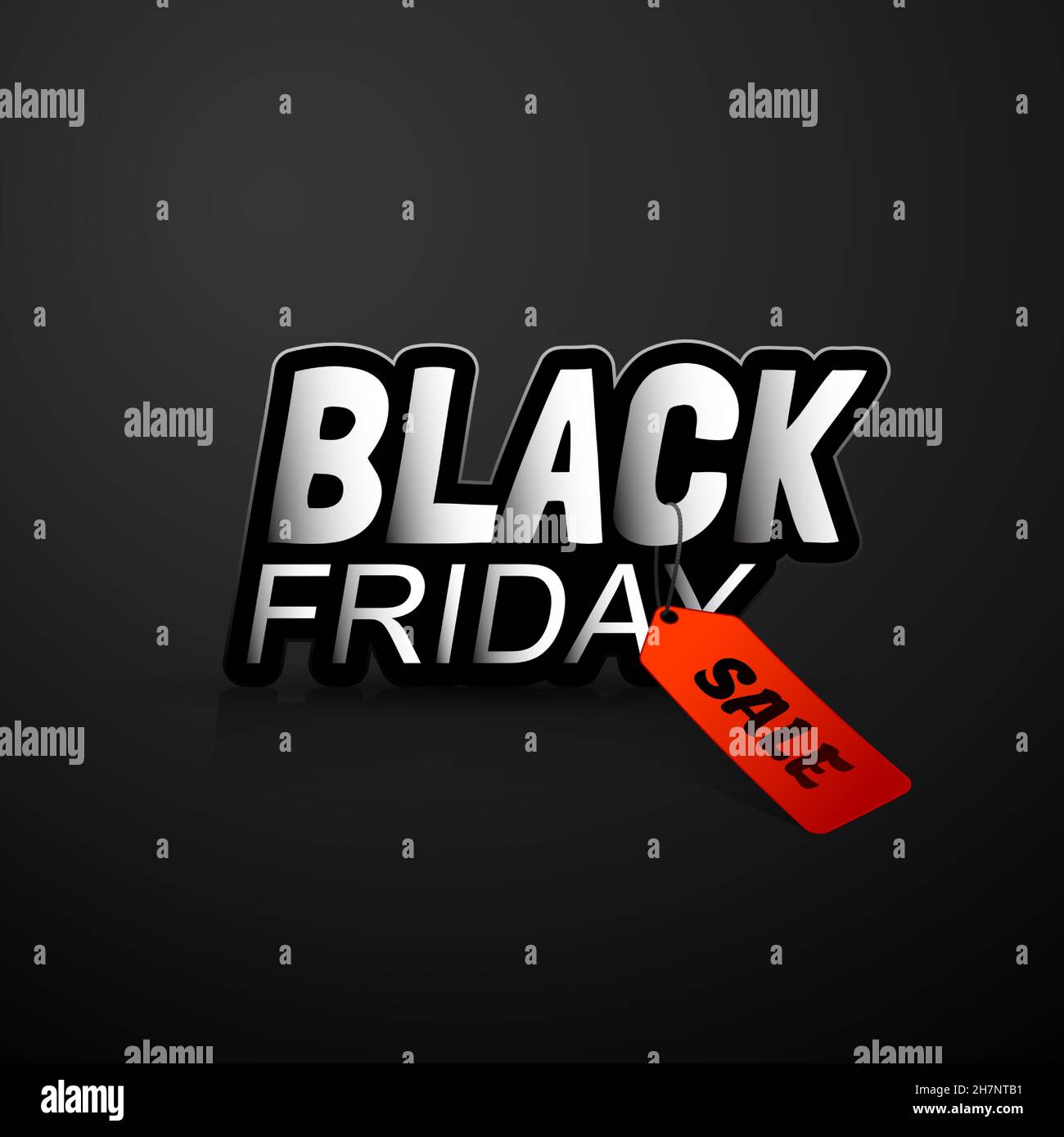 Black friday banner with red sale tag on dark background. Vector 3d design with shadows and reflection. Stock Vector