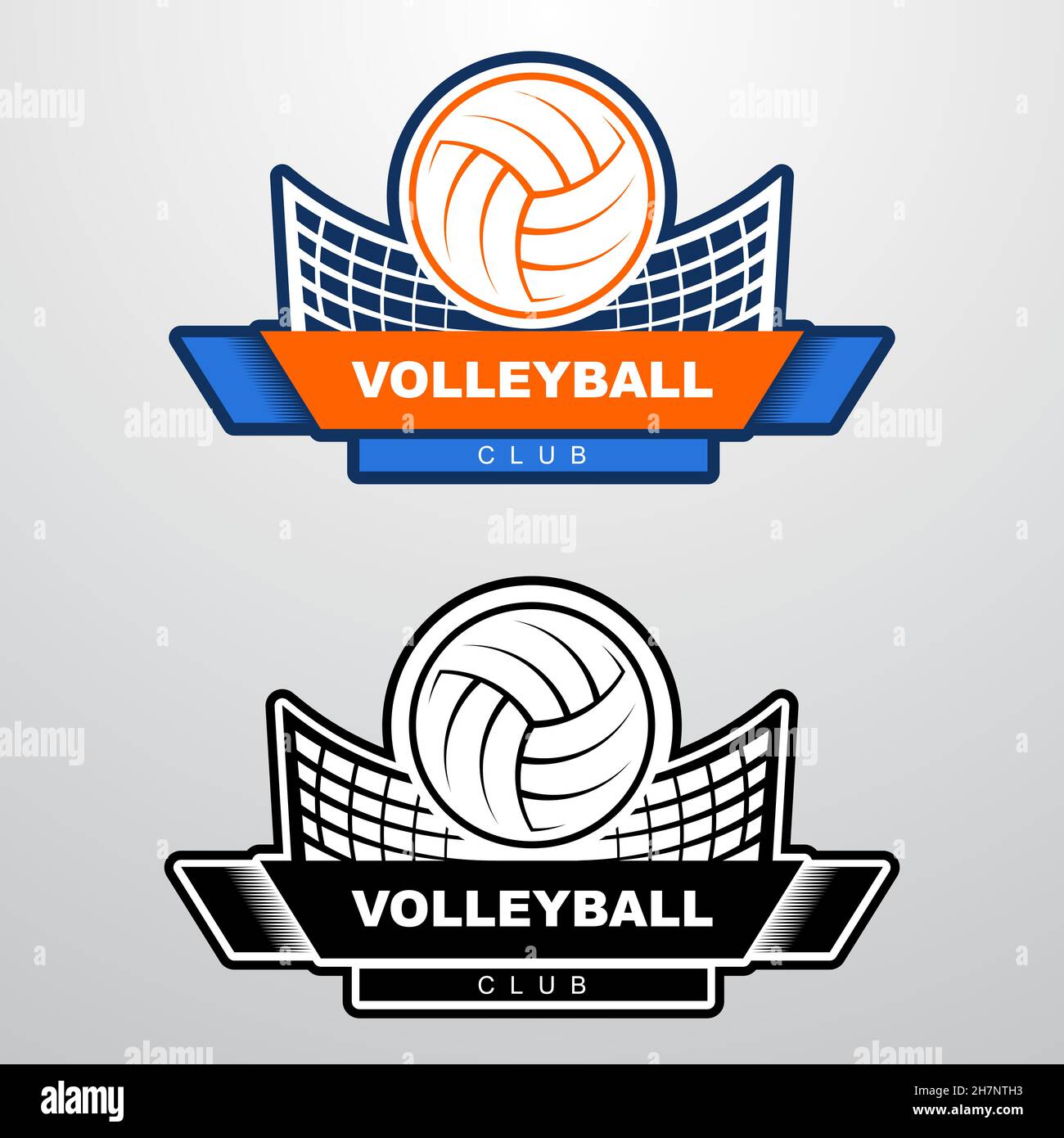 Volleyball logo template with ball flying over the net. Orange and blue sport logo template with flying ball. Stock Vector