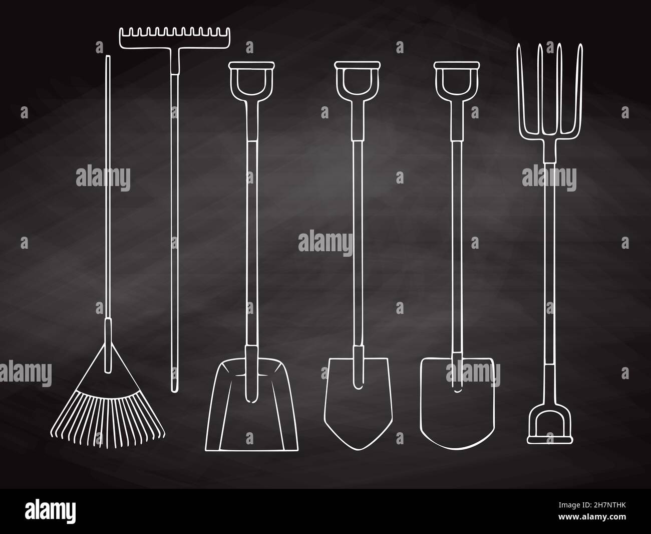 Set of different garden tools. Shovel, rake, pitchfork, spade. Vector