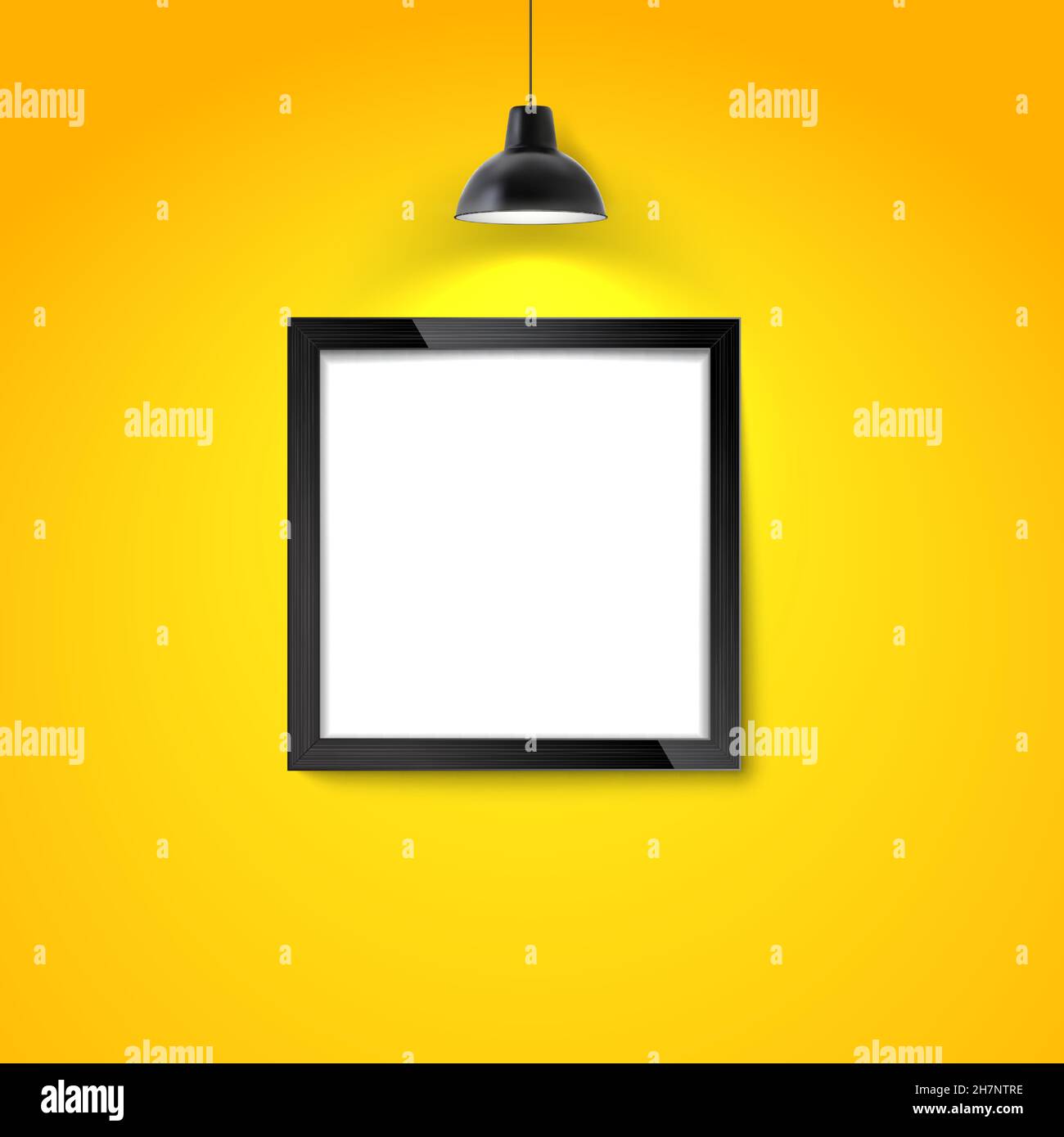 Picture frame on yellow wall with hanging lamp. Blank photo frame or poster template. Photo art gallery mockup. Stock Vector