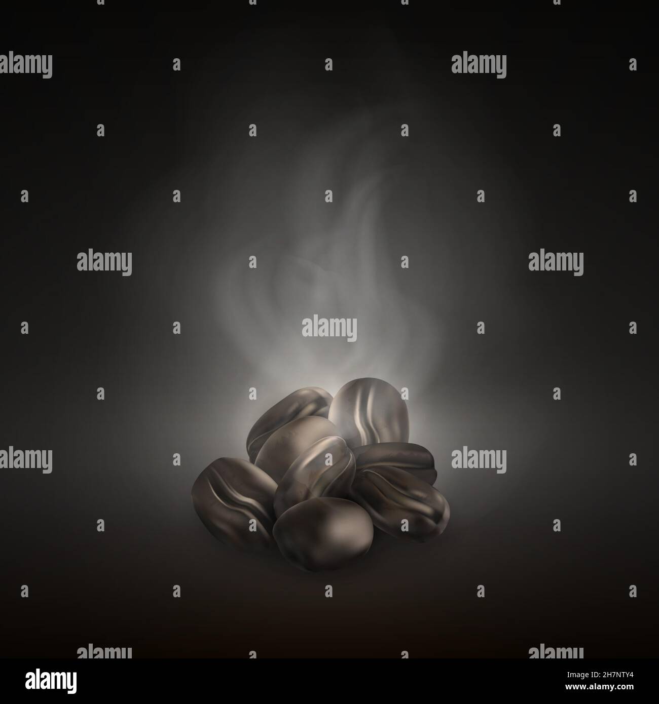 Realistic vector coffee beans. Roasted dark black coffee beans on pile with smoke. Close up. Stock Vector