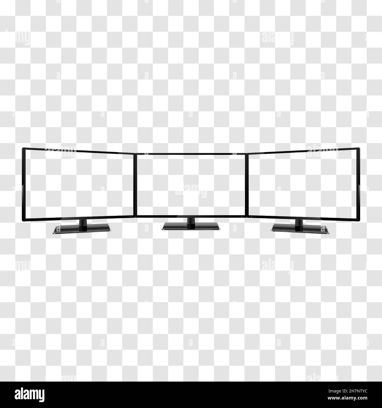 Three Computer Monitors Mockup isolated on transparent background. Triple monitor computer super wide screen device. Stock Vector