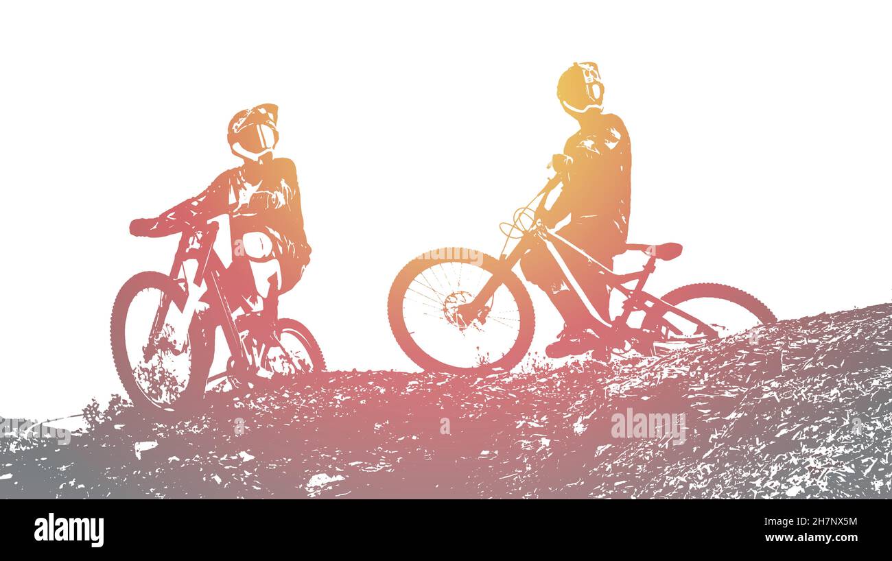 Silhouette of a biker. Downhill mountain biking background. Vector Illustration Stock Vector