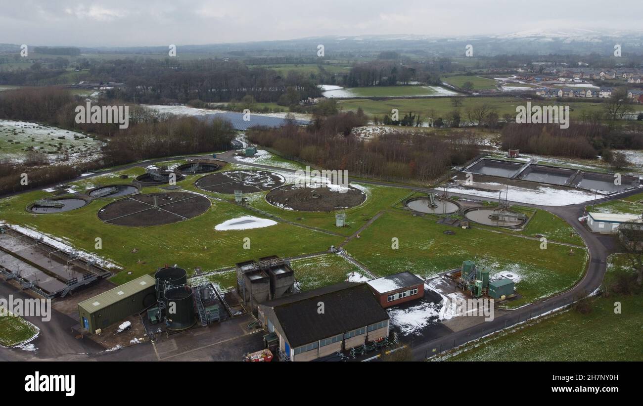 Aerial view of water treatment works creating patterns in the landscape ...