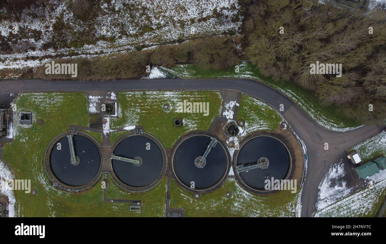 Aerial view of water treatment works creating patterns in the landscape ...