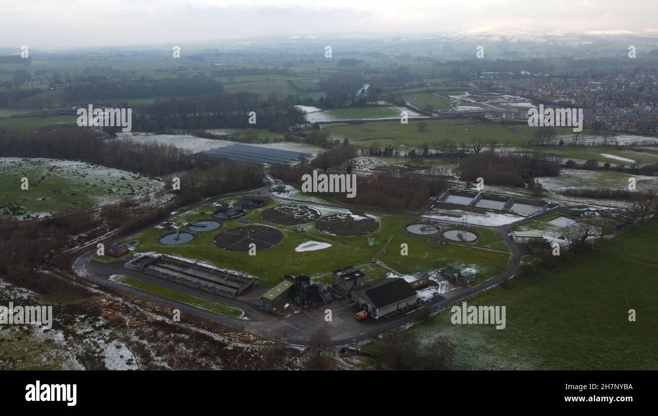 Aerial view of water treatment works creating patterns in the landscape ...