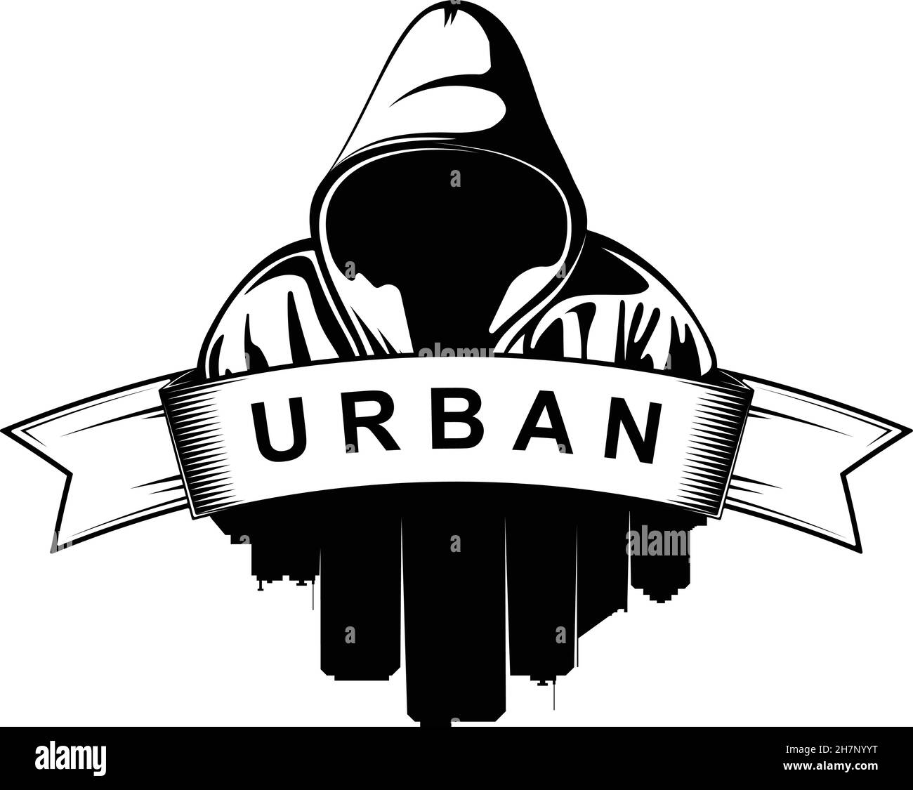 Logo design. Hooded man. City Silhouette. Urban. Street art. Vector Ilustration. Stock Vector
