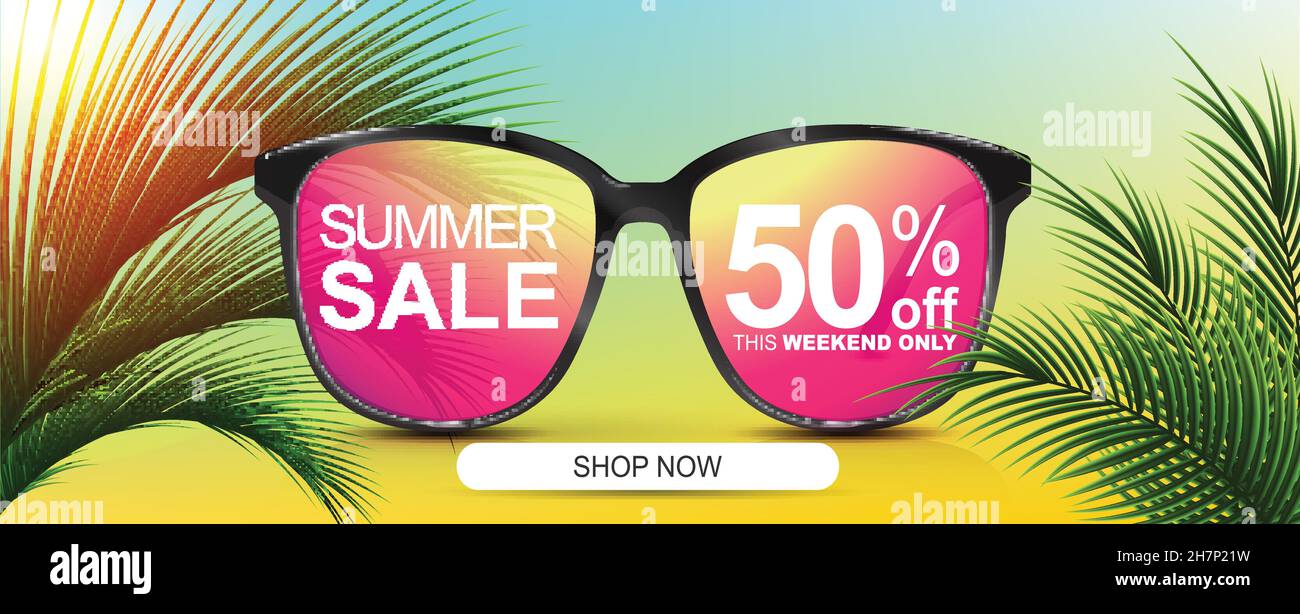 Summer sale 50 off. Discount banner. Sunglasses with colored lenses. Sunshine palm leaves. Stock Vector