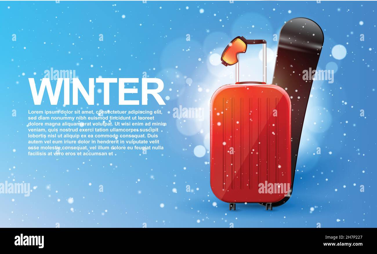 Winter travel banner concept. Travel bag with snowboard and ski goggles. Stock Vector